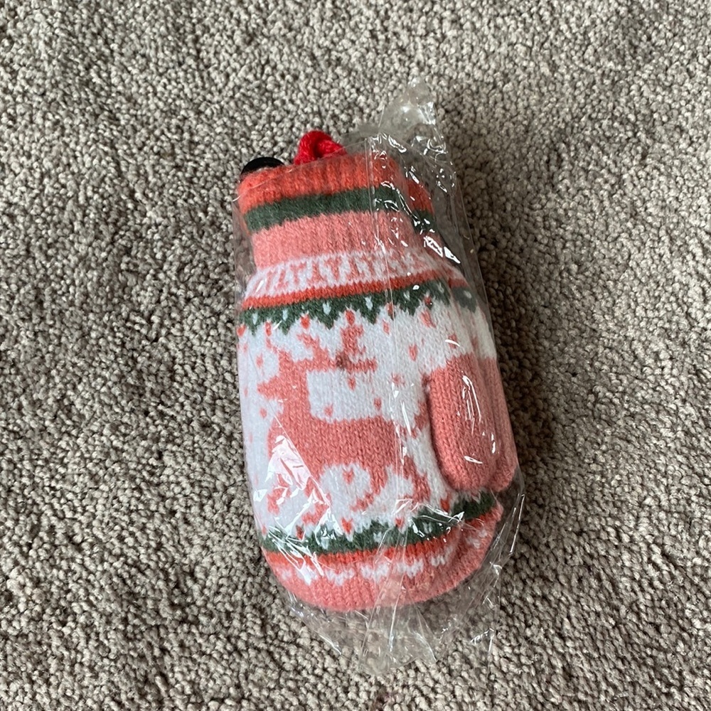 Reindeer Fair Isle Knit Christmas Mittens Pink Green Winter Gloves Toddler